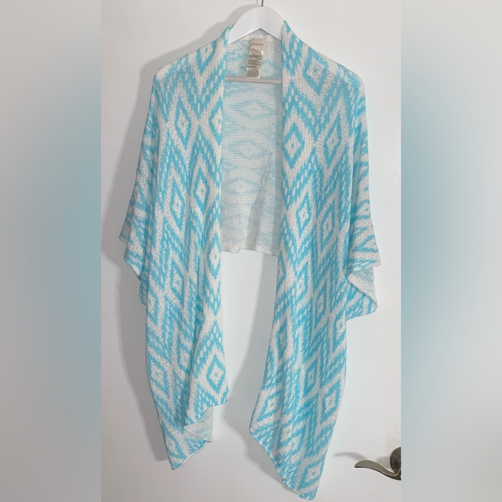 CHICO'S L/XL BLUE & WHITE Diamond print open WRAP SHAWL TOP